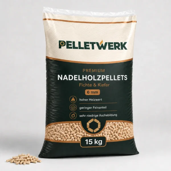 Premium-Nadelholzpellets 6 mm · Vorratspalette 990 kg (66 × 15 kg)